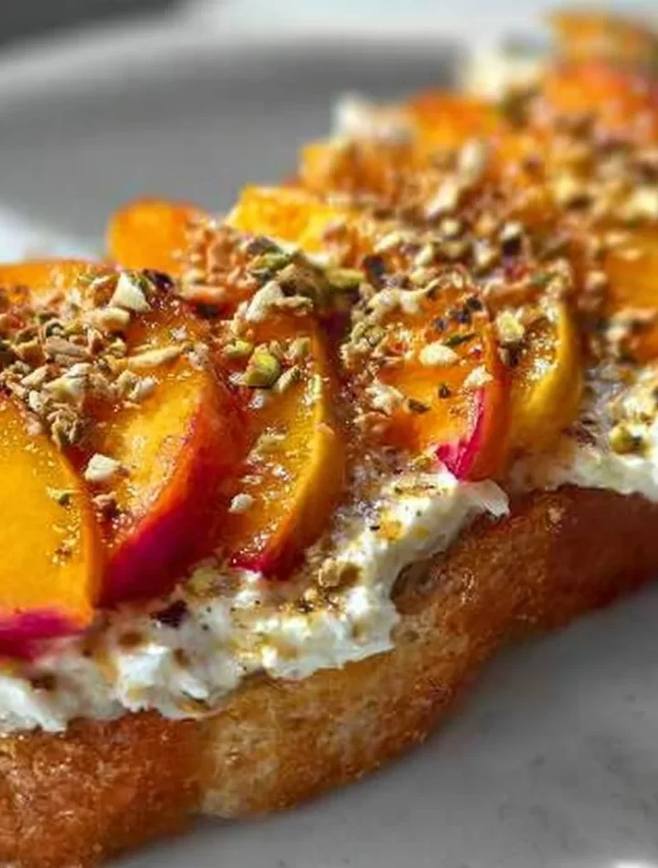 Delicious peach toast topped with creamy yogurt and fresh mint, perfect for breakfast.