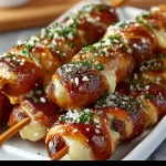 Bavarian Pretzel Skewers with beef and cheese on a wooden platter