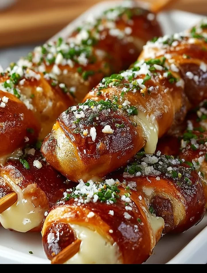 Bavarian Pretzel Skewers with beef and cheese on a wooden platter