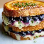 Delicious blueberry grilled cheese sandwich with melting cheese and fresh blueberries.