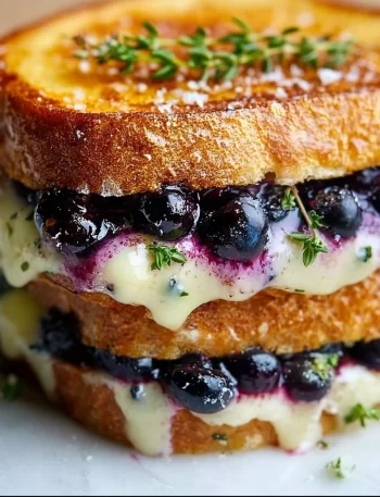 Delicious blueberry grilled cheese sandwich with melting cheese and fresh blueberries.