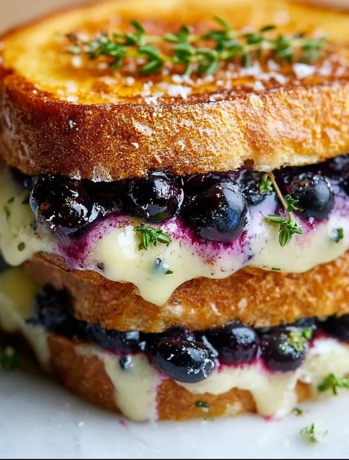 Delicious blueberry grilled cheese sandwich with melting cheese and fresh blueberries.