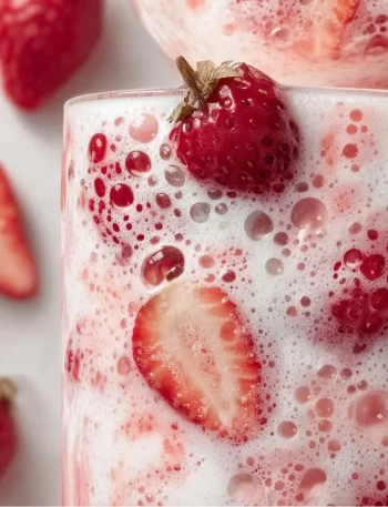 Homemade Korean Strawberry Milk in a glass with fresh strawberries.