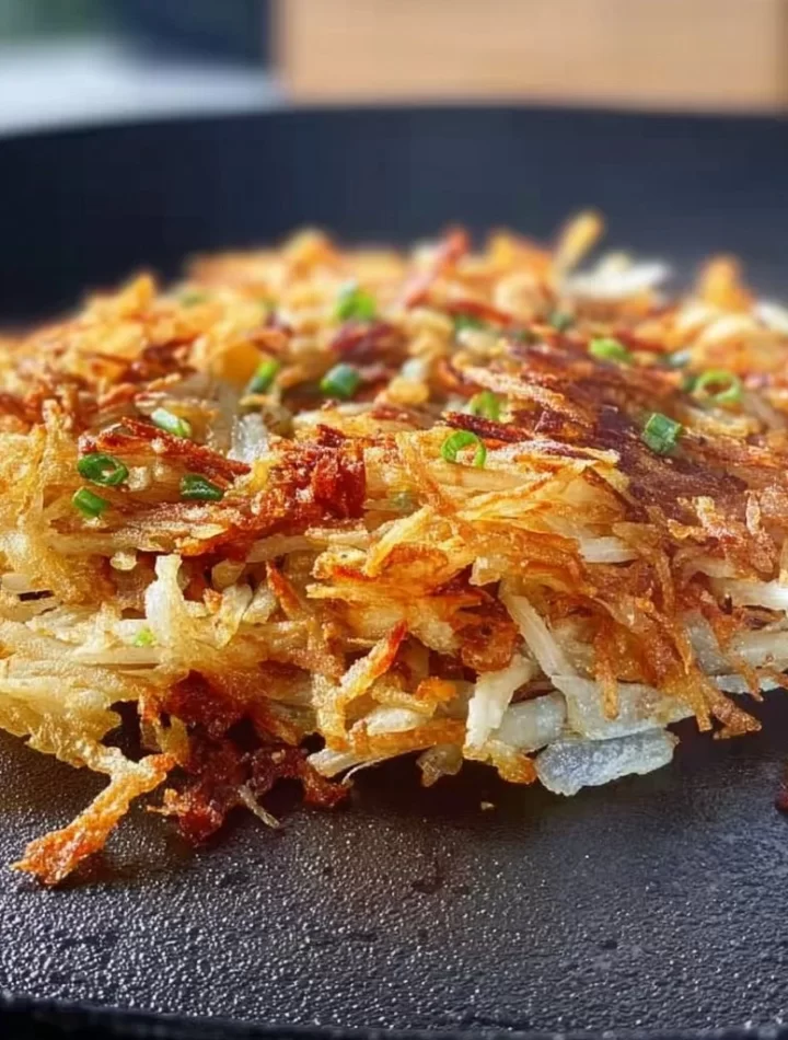 Loaded crispy hashbrowns cooked on a Blackstone grill, perfect for breakfast