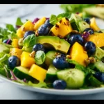 Mango Cucumber Salad with blueberries and avocado in a colorful bowl