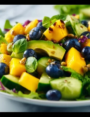 Mango Cucumber Salad with blueberries and avocado in a colorful bowl