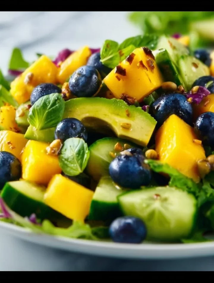 Mango Cucumber Salad with blueberries and avocado in a colorful bowl