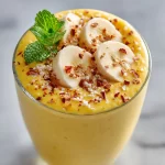 Mango, pineapple, and banana smoothie in a glass with fresh fruit ingredients