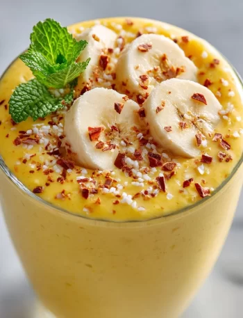 Mango, pineapple, and banana smoothie in a glass with fresh fruit ingredients