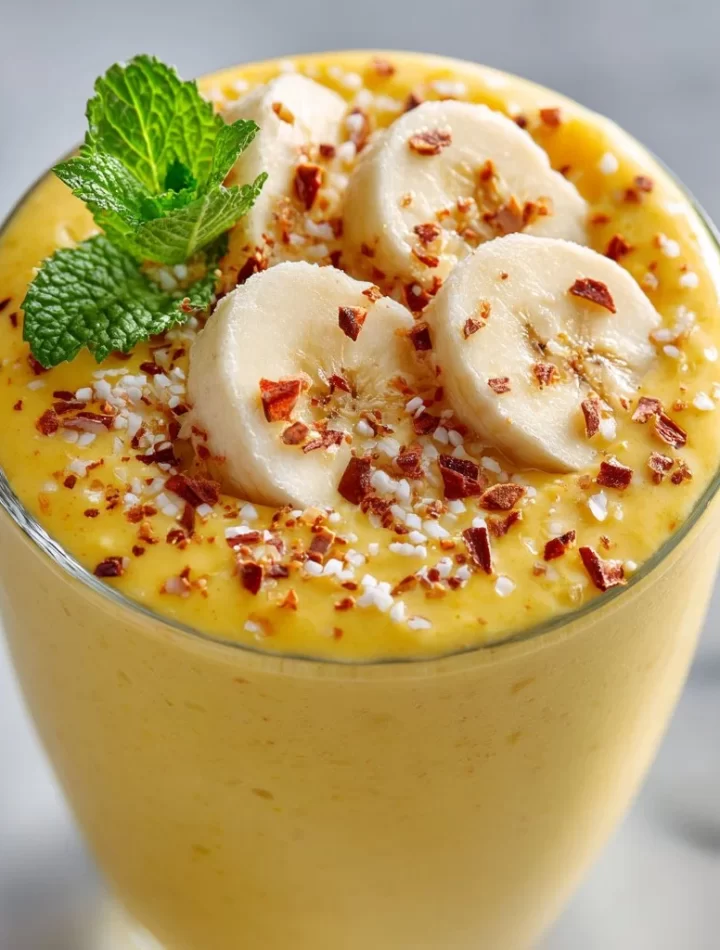 Mango, pineapple, and banana smoothie in a glass with fresh fruit ingredients