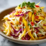 Colorful Mango Slaw in a bowl with fresh ingredients and dressing