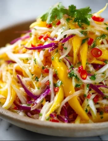 Colorful Mango Slaw in a bowl with fresh ingredients and dressing