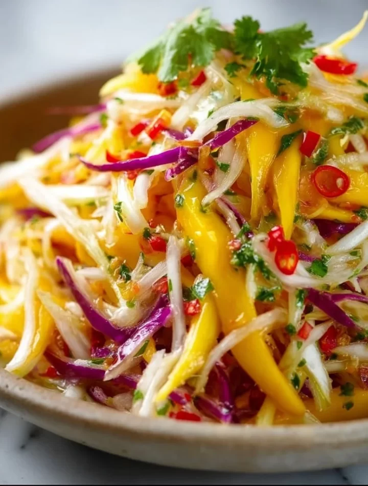 Colorful Mango Slaw in a bowl with fresh ingredients and dressing