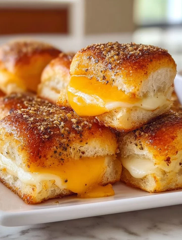 Mini Grilled Cheese Hawaiian Rolls served on a plate with cheese oozing out