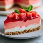 Image of a no-bake watermelon cheesecake served on a plate with slices.