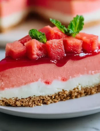 Image of a no-bake watermelon cheesecake served on a plate with slices.