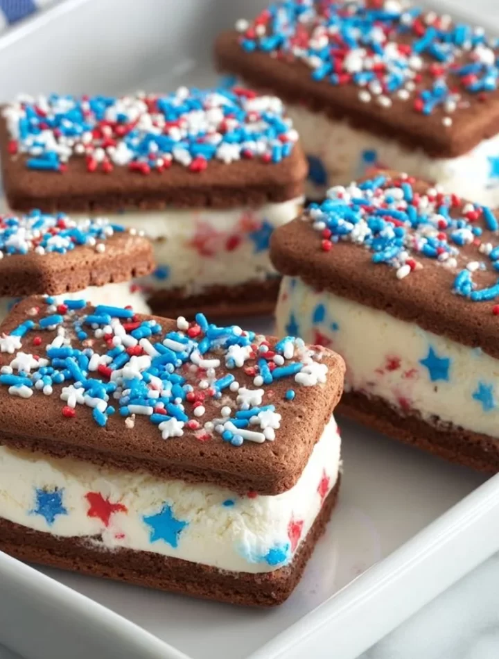Patriotic mini ice cream sandwiches decorated in red, white, and blue.