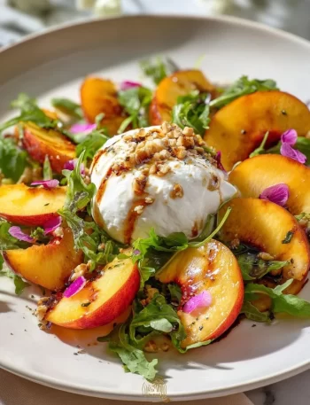 Delicious Peach Burrata Salad with fresh ingredients and vibrant presentation