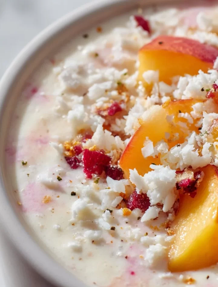 Delicious Peach Coconut Smoothie in a glass with fresh peaches and coconut flakes.