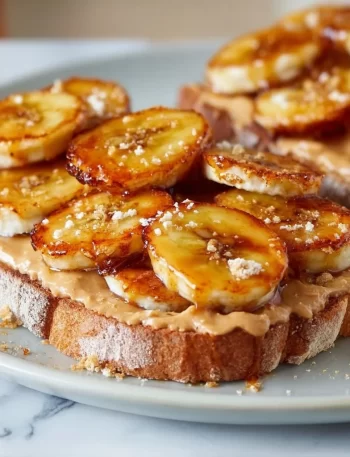 Delicious peanut butter toast topped with caramelized bananas