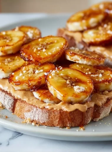 Delicious peanut butter toast topped with caramelized bananas