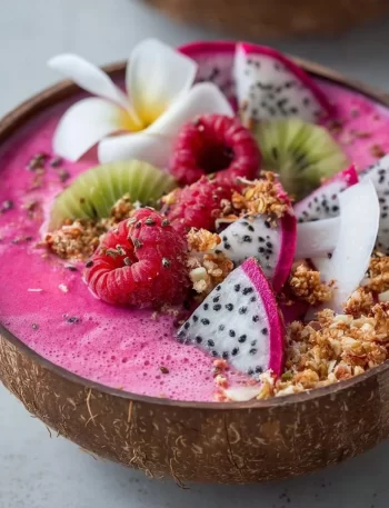 Pink Pitaya Coconut Smoothie Bowl topped with fresh fruits and coconut flakes