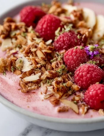 Delicious pink raspberry smoothie bowl topped with fresh berries and granola.