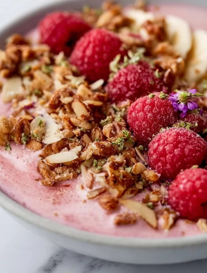 Delicious pink raspberry smoothie bowl topped with fresh berries and granola.