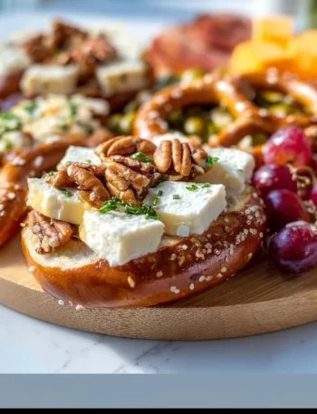 Delicious pretzel cheese board with soft pretzels and assorted gourmet cheeses