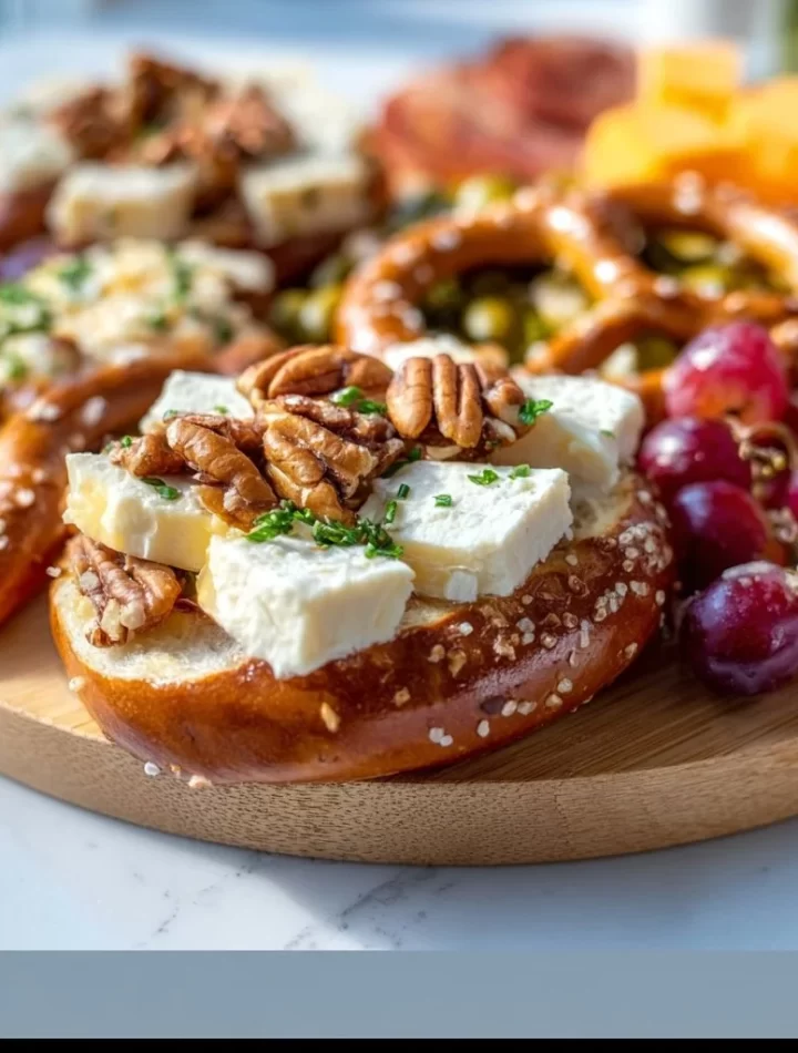Delicious pretzel cheese board with soft pretzels and assorted gourmet cheeses