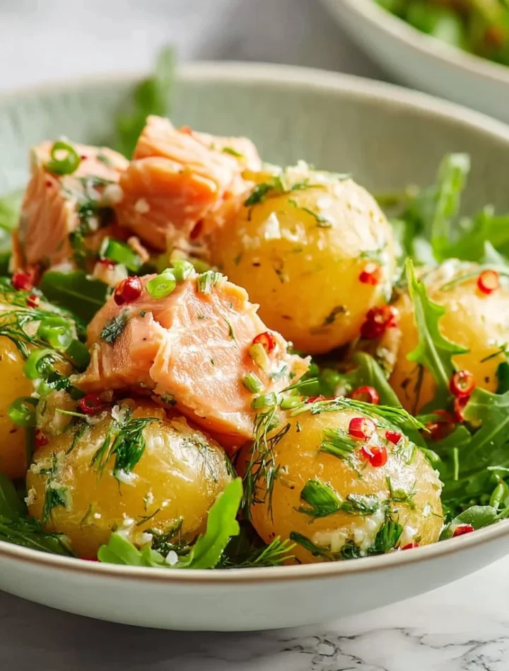 Bowl of quick and healthy salmon potato salad with fresh vegetables