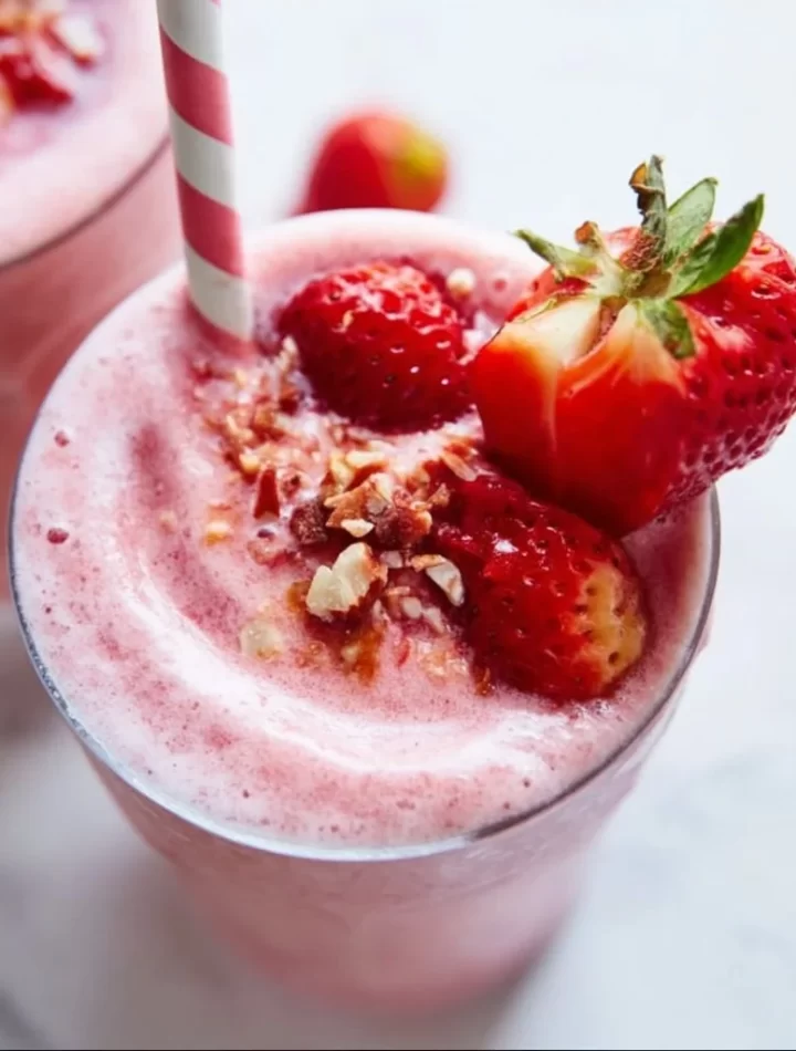 A delicious strawberry smoothie in a glass with fresh strawberries