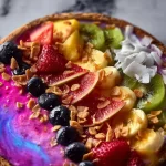 Colorful and nutritious rainbow smoothie bowl topped with fresh fruits and seeds.