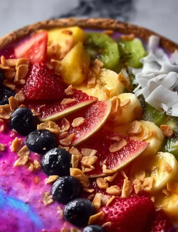 Colorful and nutritious rainbow smoothie bowl topped with fresh fruits and seeds.