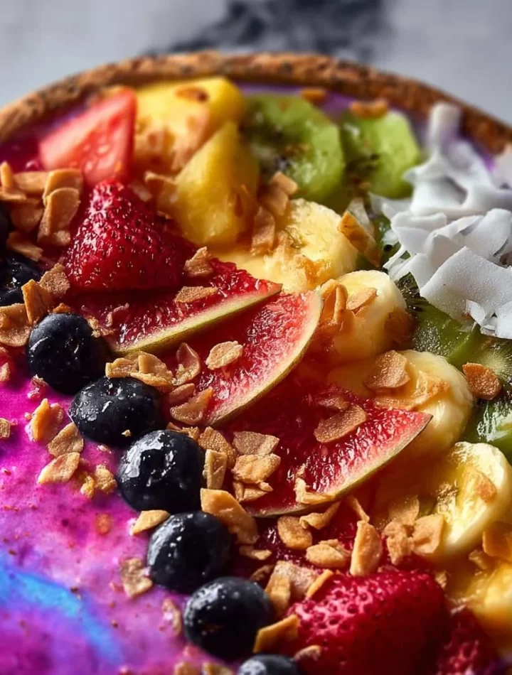 Colorful and nutritious rainbow smoothie bowl topped with fresh fruits and seeds.