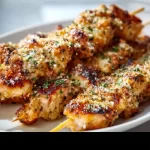 Ranch Garlic Parmesan Chicken skewers on a grill, garnished with herbs