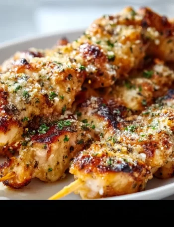 Ranch Garlic Parmesan Chicken skewers on a grill, garnished with herbs