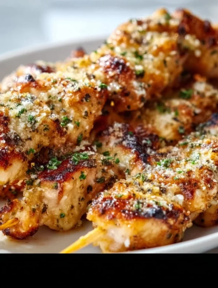 Ranch Garlic Parmesan Chicken skewers on a grill, garnished with herbs
