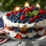Red, White & Blue Berry Trifle dessert showcasing vibrant berries and creamy layers.