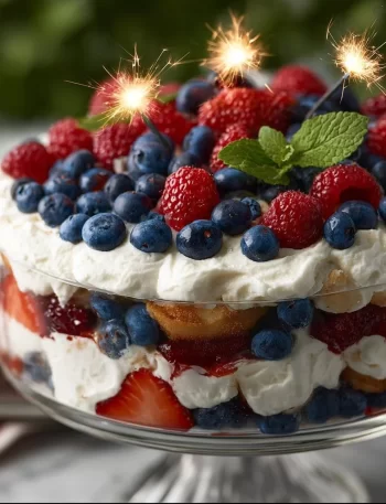 Red, White & Blue Berry Trifle dessert showcasing vibrant berries and creamy layers.
