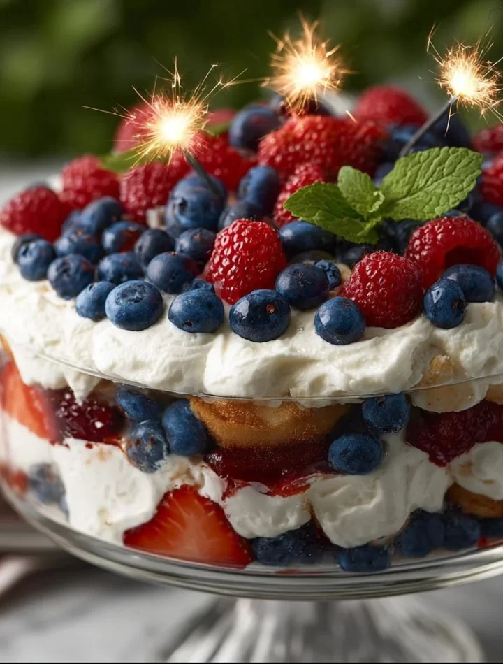 Red, White & Blue Berry Trifle dessert showcasing vibrant berries and creamy layers.