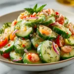 Refreshing cucumber salad with fresh vegetables and dressing on a plate.