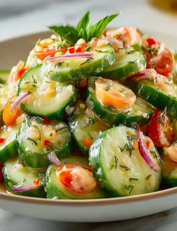 Refreshing cucumber salad with fresh vegetables and dressing on a plate.
