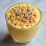 Refreshing mango lassi smoothie served in a glass with tropical garnishes