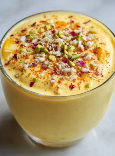 Refreshing mango lassi smoothie served in a glass with tropical garnishes