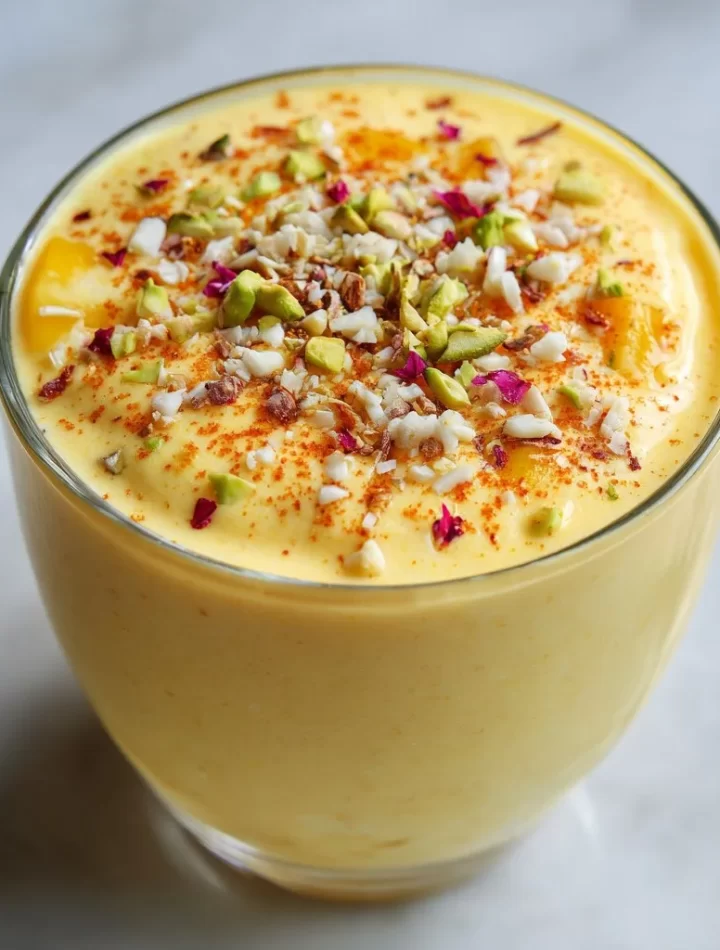Refreshing mango lassi smoothie served in a glass with tropical garnishes