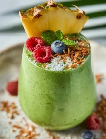 A refreshing detox green smoothie with spinach, kale, and mixed fruits in a glass.