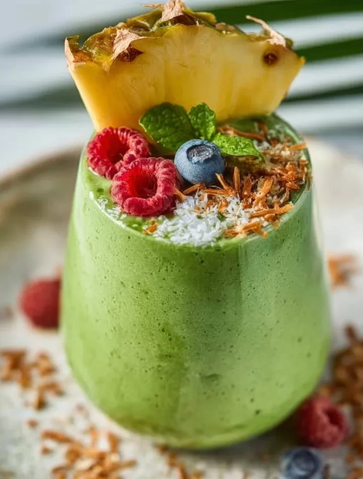 A refreshing detox green smoothie with spinach, kale, and mixed fruits in a glass.