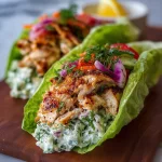 Rotisserie chicken salad lettuce wraps served on a plate with fresh vegetables