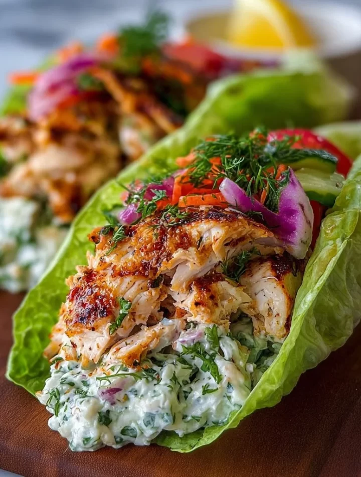 Rotisserie chicken salad lettuce wraps served on a plate with fresh vegetables